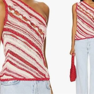 Asta Resort Pink/Red and White One-Shoulder Knit Top